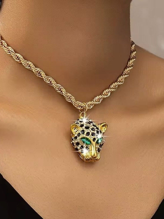 Anthropologie Jewelry - Gold Leopard Head Pendant Necklace with Green and Black Details